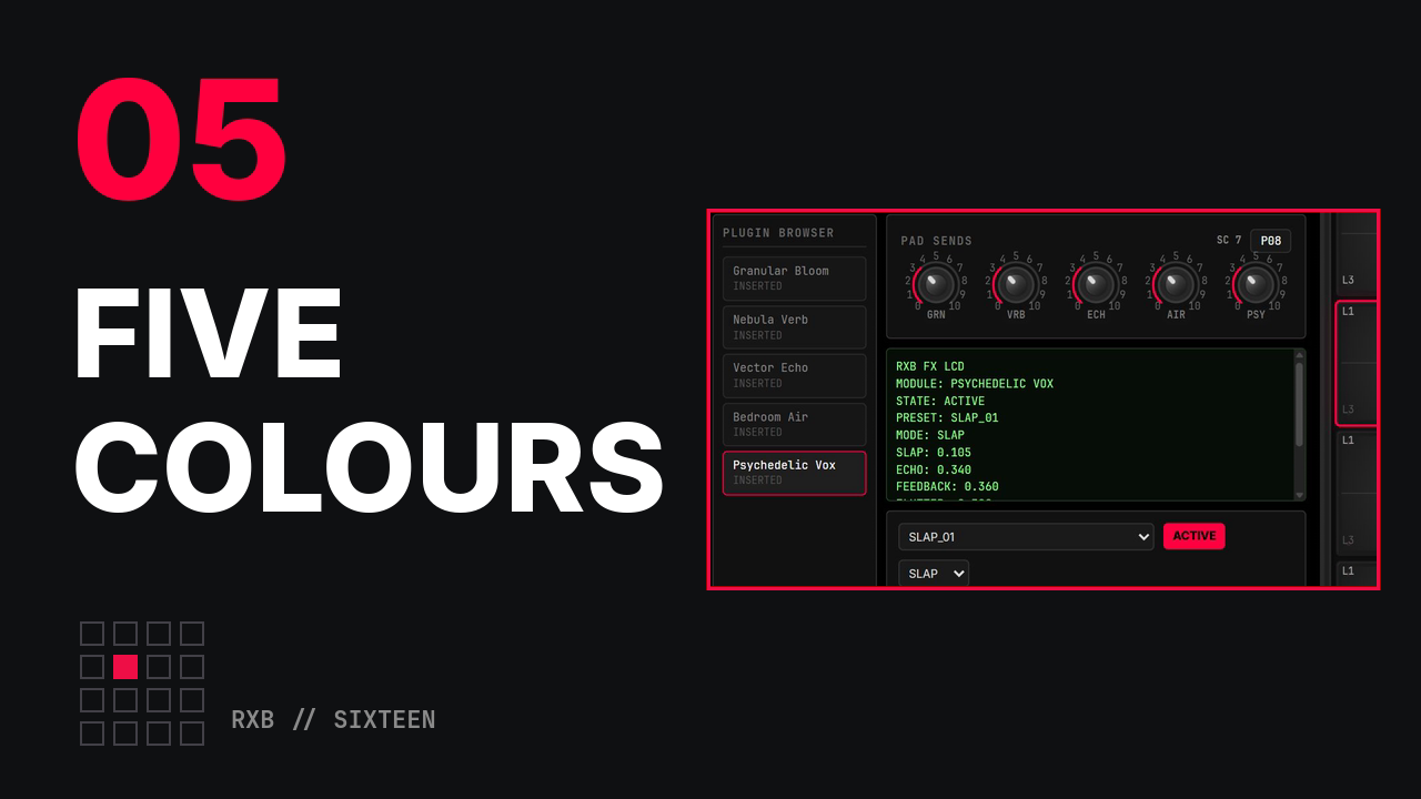 Film 05: the plugin browser with five modules inserted and the five pad send knobs up, beside the title Five colours and the series marker with square 06 lit.