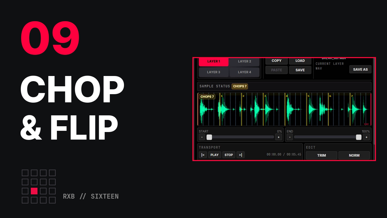 Film 09: the break's waveform with a chop marker on every beat, beside the title Chop and flip and the series marker with square 10 lit.