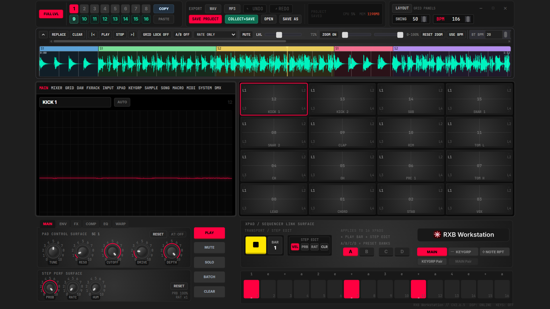 The full RXB Workstation workspace with a project loaded and the transport running: a backing-track waveform with coloured song-section bands, the 4x4 pad grid, the pad control surface, and the 16-step sequencer strip.