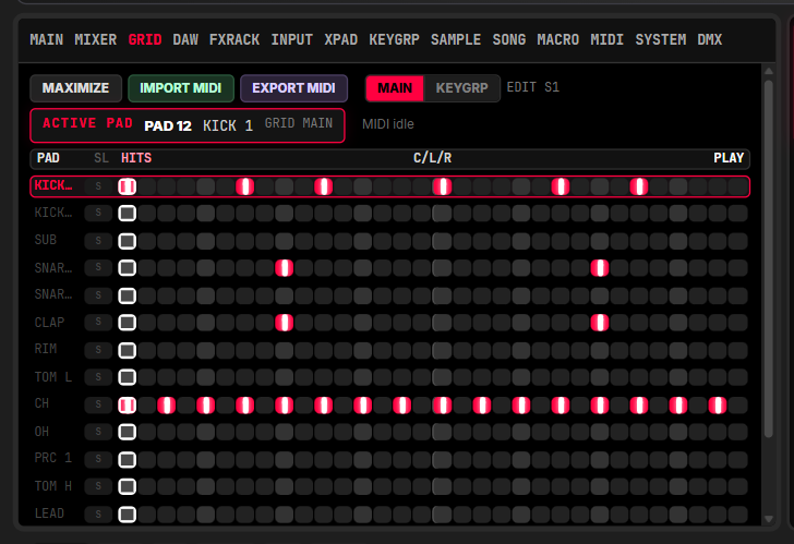 Figure 5.1 — GRID view with active steps and velocity bars.