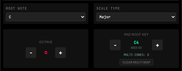 Figure 6.1 — KEYGRP tab: scale, root note, and octave controls.