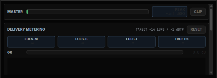 Figure 7.1 — MIXER view: master meter, delivery metering, and channel strips.