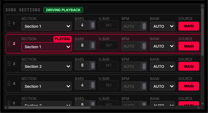 Figure 27.2 — Song Mode playlist with multiple sections.