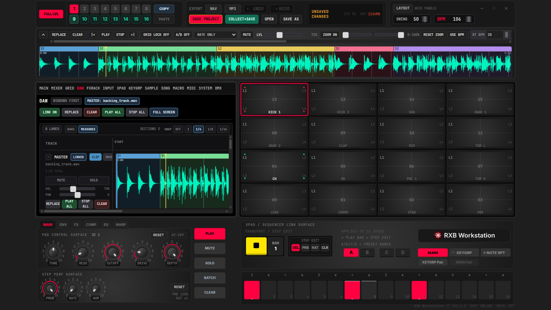 Figure 15.1 — DAW tab: the multi-lane backing-track workspace.