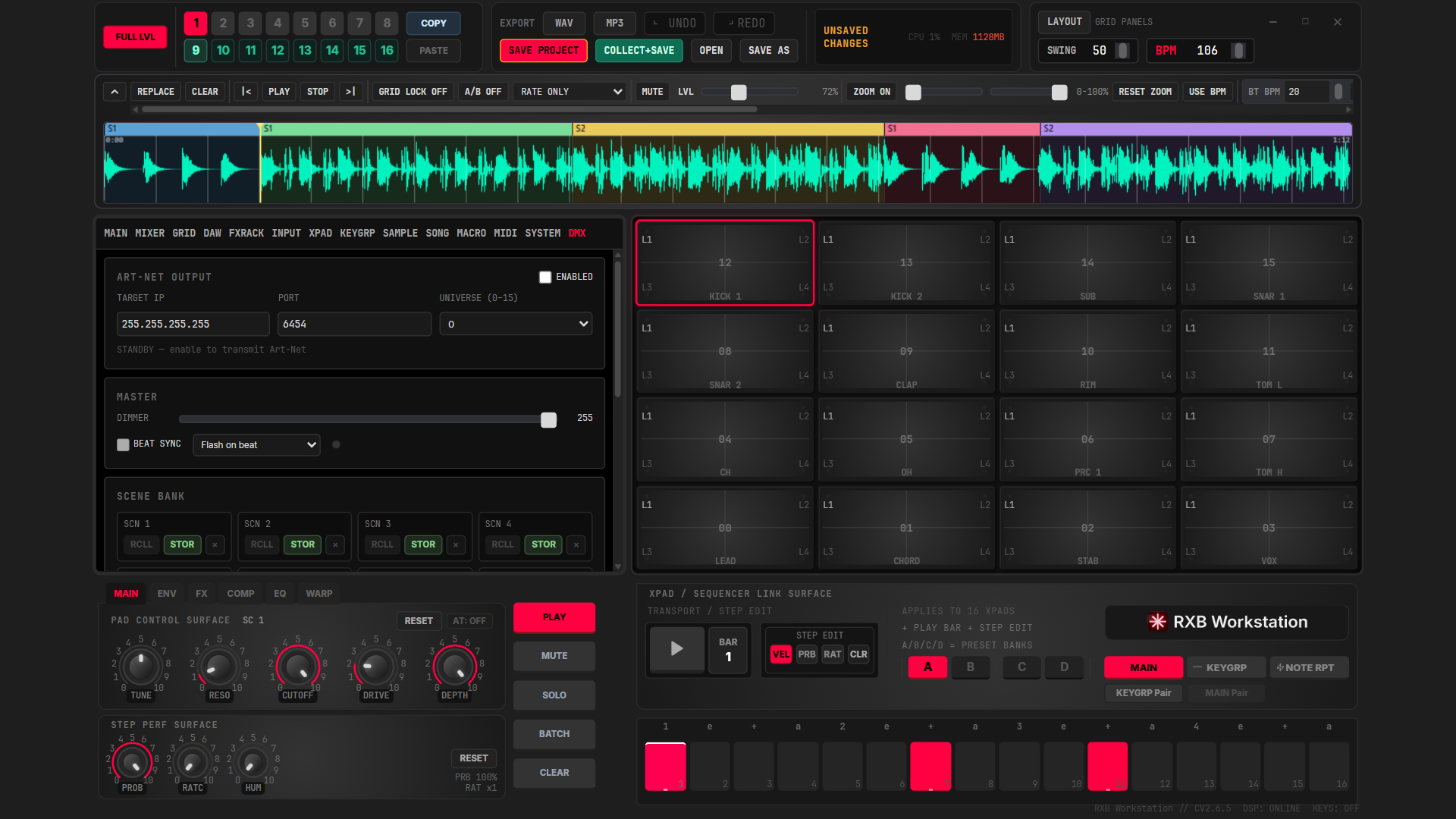 Figure 28.1 — DMX tab: Art-Net output, master, and scene bank.