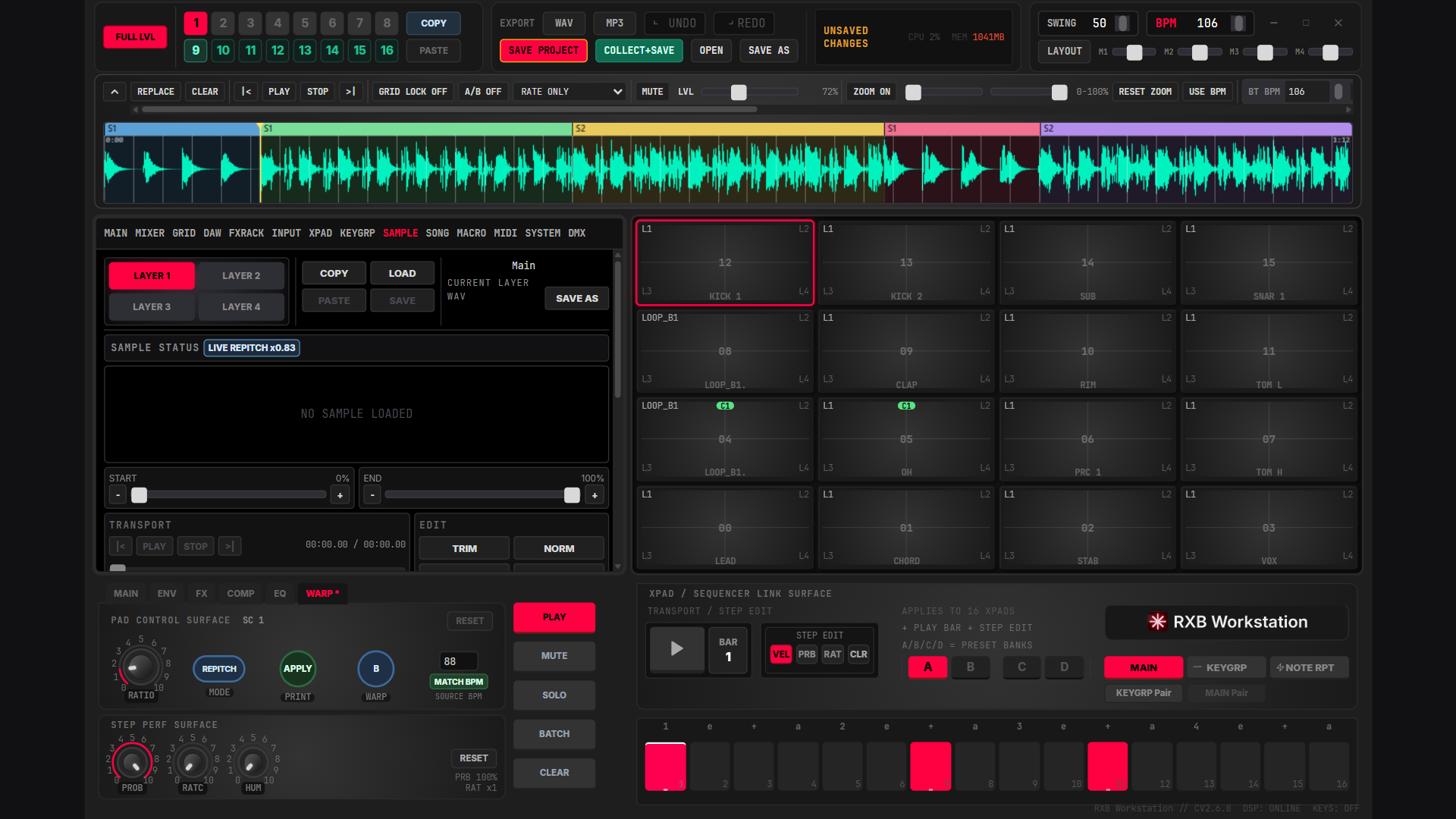 Figure 26.2 — PAD CONTROL SURFACE, WARP tab: RATIO, MODE, APPLY, A/B, SOURCE BPM and MATCH BPM.